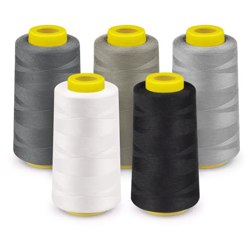 Stiverse Serger Thread 5 Cones 3000 Yards Each, Polyester 40S/2 All Purpose Thread for Serger & Overlock Sewing Machine, Strong Low-Lint Thread for Quilting Piecing – Black White Beige Grey Dark Grey