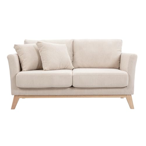Miliboo Canapé scandinave déhoussable 2 Places en Tissu Velours côtelé Beige et Bois Clair Oslo