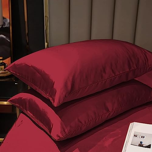 Image of Soft and Silk Satin Bedsheet for Single Bed- 400 TC Romantic Bedsheet Set for Bedroom | Bridal Wedding Bedsheet with Pillow Cover | Ideal for Gifting Burgundy, Single Bed