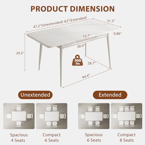 Image of Muwuele Solid Wood Extendable Dining Table for 4-8 People with Seamless Extension from 47.2 to 63 Inches, Easy Assembly, Expandable Tables for Small Spaces, Dining Room, Kitchen, Living Room, White