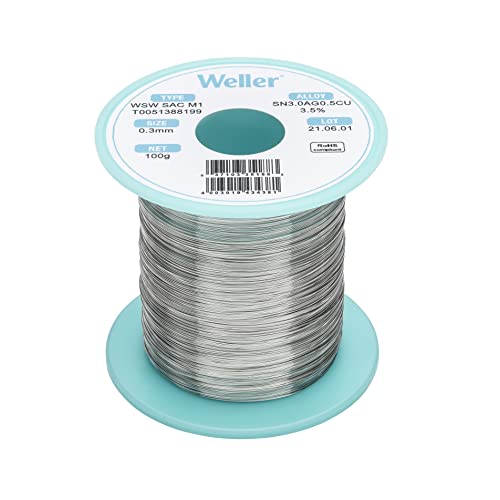 Image of Weller WSW SAC M1 (T0051388199) Lead Free Solder Wire, Dia: 0.3 mm / 0.012 in, Wt: 100 g / 3.527 oz, Alloy Sn96.5Ag3.0Cu0.5, Flux content 3.5%