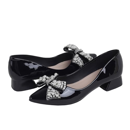Image of Women's Pumps Low Chunky Block Heel Work Dress Shoes for Office | Breathable and soft Rhinestone Wedding Pointed Toe Comfortable Slip on