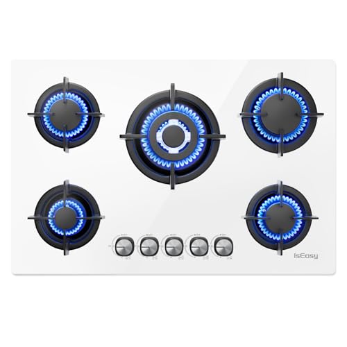 Plaque de Cuisson Gaz 5 Feux Blanc, Plaque Gaz 5 Feux Encastrable, Table de Cuisson 77 cm, 10500 kW, Grilles en Fonte, Gazs Ville et Bouteille, Verre Blanc