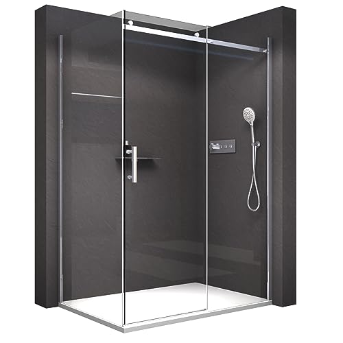 Bernstein Duschkabine EX806 aus 8 mm Nano-Echtglas 120 x 90 x 195 cm mit platzsparender Schiebetür, Tür rechts öffnend, rahmenlos, für bodenebene Montage, elegantes Design, flexible Wandprofile