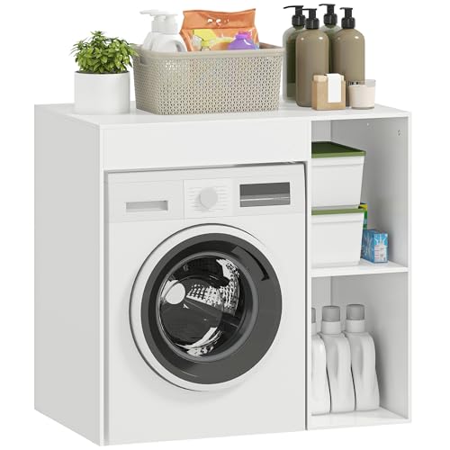 HOMCOM Meuble Machine à Laver, Armoire Machine a Laver et sèche-Linge avec 2 Compartiments Ouverts et Large Plateau, Meuble de Salle de Bain et buanderie, 96 x 60 x 90,5 cm, Blanc