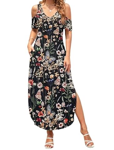 HUSAKRY HUSKARY Women's Summer Maxi Dresses Cold Shoulder Short Sleeve Long Dress — $18.99 (47% off)