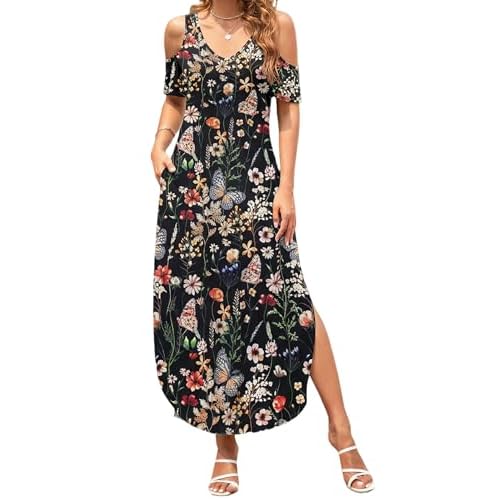 HUSKARY Women's Summer Maxi Dresses 2026 Trendy V Neck Cold Shoulder Short Sleeve Casual Loose Long Split Dress with Pockets XX-Large Flower12