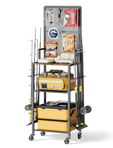 Bikoney Support Canne à Pêche pour Garage avec Panneau Perforé, Chariot de Rangement pour 8 Cannes et Moulinets, Organisateur de Matériel de Pêche sur Roulettes, Robuste et Gain de Place, Cadeau Homme