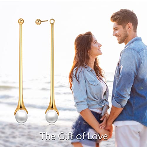 Gold Pearl Earrings 925 Sterling Silver Vintage Pearl Drop Earrings Studs Hypoallergenic For Women Girl Christmas/Valentine's Day/Birthday Jewelry Gifts (Long Vertical Gold) #TOP4