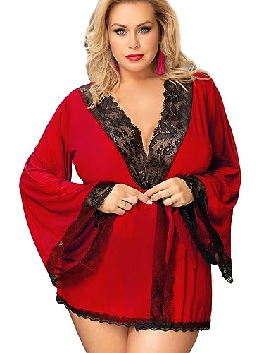 Sexy Lingerie For Women Lace Long Sleeve Kimono Robe Babydoll Mesh Nightgown Dress Sets With Belted Plus Size Xs-4X Red #TOP19