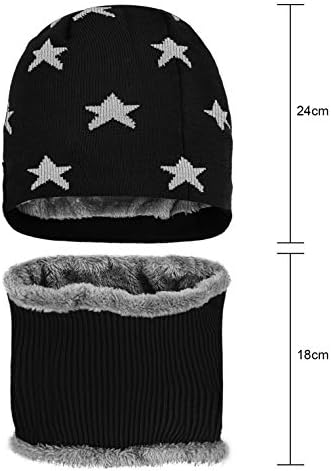 Ruixia Kids Warm Knitted Beanie Hat with Circle Loop Scarf Set Soft Fleece Lined Skull Beanies Cap Neckerchief Scarf Set Winter Thermal Hat Scarf Set for 4-12 Years Boys Girls
