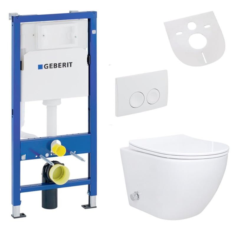 Belvit Inodoro colgante completo con función de bidé – Inodoro de pared blanco con taharet y Geberit UP100, tapa de inodoro con descenso automático, insonorización, placa de accionamiento, sistema