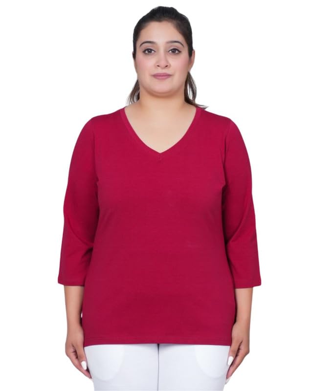 Mlada V-Neck Cotton 3/4th Sleeves Tshirt for Women | Stretchable Regualr Fit Solid Cotton Tshirts | Casual 3/4th Sleeves Tshirts for Women Office Wear | Solid Round Neck Tshirt