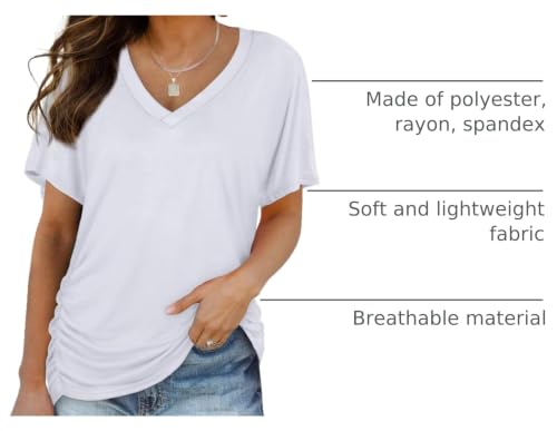 Image of WIHOLL Womens Summer T-Shirts Short Sleeve V Neck Dolman Tops with Side Shirring Loose Fit Shirts Spring Fashion
