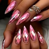 Electroplated Pink Press on Nails SHIQIXIANNV Almond Fake Nails Pink 3D Geometric Metallic False Nail Design Pinks Rhombus Glossy Acrylic Nails for Women Girls DIY Manicure Decoration 24Pcs