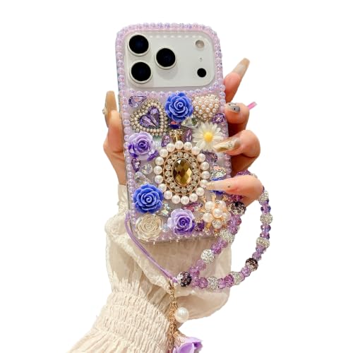 iFiLOVE for iPhone 18 Pro Bling Diamond Case with Flower Strap (Purple)