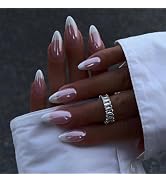 Almond French Tip Press on Nails Chrome Medium Long Glossy False Nails Ombre Acrylic Glue on Nail...