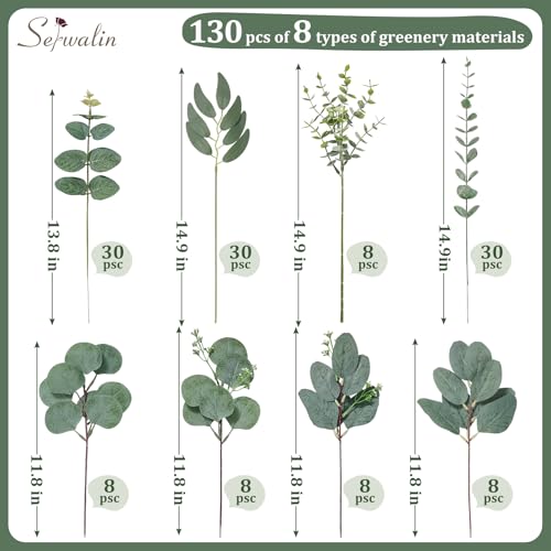 Serwalin 130 Pcs 8 Kinds Mixed Eucalyptus Stems Bulk,Artificial Greenery Silver Dollar Eucalyptus Leaves Picks for Centerpieces Vase DIY Bouquet Arrangement Home Decor