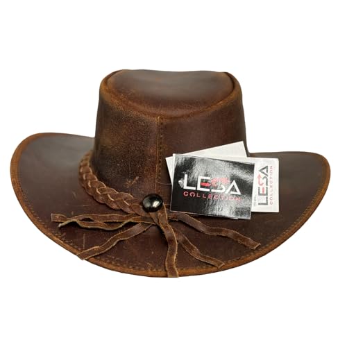 Lesa Collection Vintage Gunner Leather Cowboy Hat with Braided Band (US, Alpha, Large, Reddish Brown)