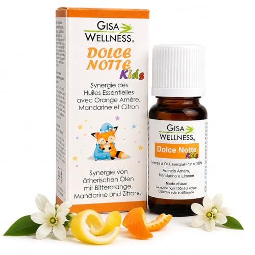 Dolce Notte Kids 15ml, Sinergia di Oli Essenziali Puri al 100% con Olio Essenziale Arancio Amaro, Mandarino e Limone, Oli Essenziali per Diffusori Naturali Made in Italy Gisa Wellness