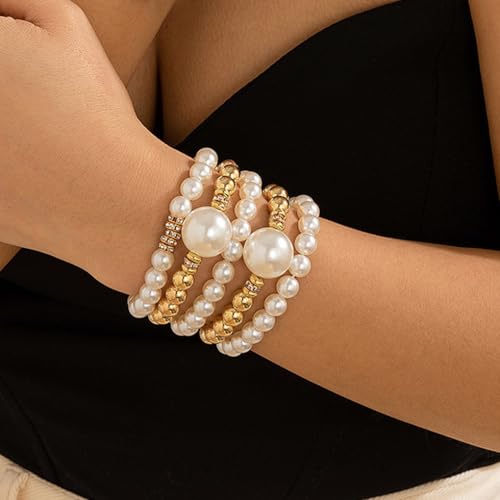 Chunky Pearl Bracelets for Women Stackable Gold Pearl Beaded Stretch Bracelets Exaggerated Big Pearl Ball Bracelet Set Trendy Birthday Jewelry Gifts2