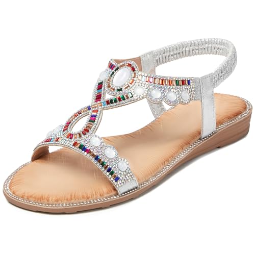 Image of iCKER Womens Rhinestone Strappy Flat Sandals Elastic Ankle Strap Open‑Toe