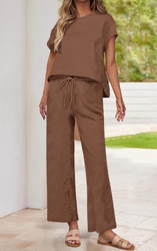 Image of PRETTYGARDEN 2 Piece Outfits For Women Casual Tracksuit Short Sleeve Tops And Wide Leg Long Pants Matching Lounge Sets