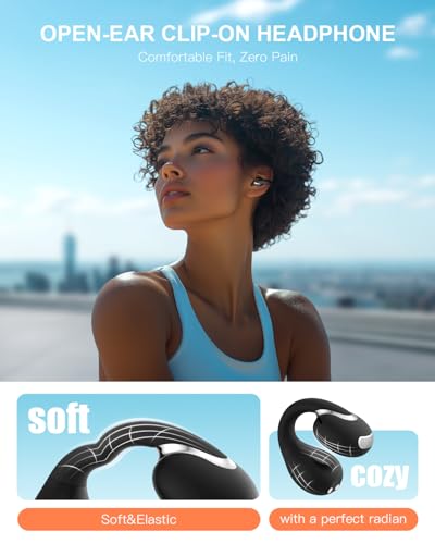 Image of Open Ear Clip Wireless Earbuds Bluetooth 5.4, Lightweight Comfort Sports Bone Conduction Headphones Built-in Mic for Clear Audio, Stable Fit Earphones 24H Play-Black