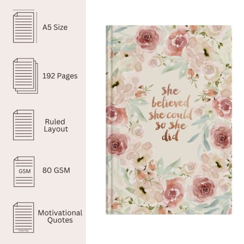 Image of LAURET BLANC Hardbound Ruled Notebook- A5 Size, 192 Lined Pages, 90 GSM Natural Shade (She Believed She Could)