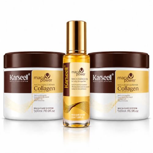 Karseell MACA CARE SYSTEM Pack 2 Mascarilla Capilar Profesional Colágeno + 1 Aceite de Argán Coco Karité Hidratante Nutritiva Reparadora Antifrizz Brillo Cabello Seco Dañado Encrespado Sin Sulfatos