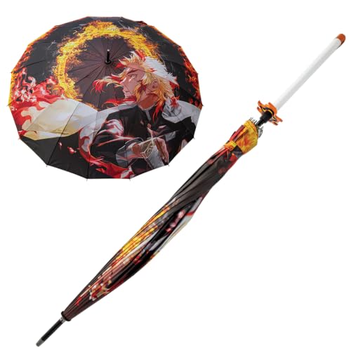 BUDK Demon Slayer Rengoku Umbrella | Kyojuro Rengoku Sword Inspired Design | 44 Inch Canopy | 18 Wind Resistant Ribs | Cord-Wrapped Handle | Manual Open Close | Anime Cosplay Accessory