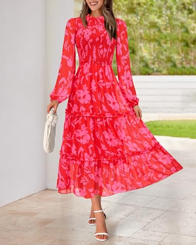 Image of NOLLSOM Women 2026 Spring Dress Floral Boho Dress Casual Long Sleeve Crew Neck Ruffle A-Line Flowy Wedding Guest Maxi Dresses