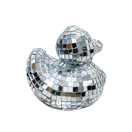 Disco Ball Duck Ornaments - Mirror Duck Disco Party Decoration - Disco Ducks Glass Mirror Disco Ball - Compact Sculpture for 70s Themed Party Design, Stage Props, Wedding, Music Festival (Silver)