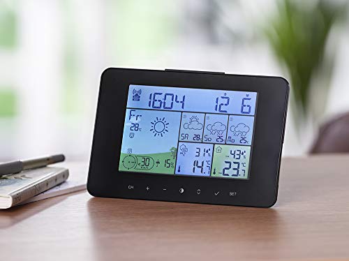 Foto von SOUCCESS SATELLITEN-WETTERSTATION Color Funk-Wetterstation mit 4 Tage Vorhersage, satellitengestützt, Außensensor, Thermometer, Luftfeuchte, Funkuhr, Windstärke/richtung, UVM, LCD, Schwarz