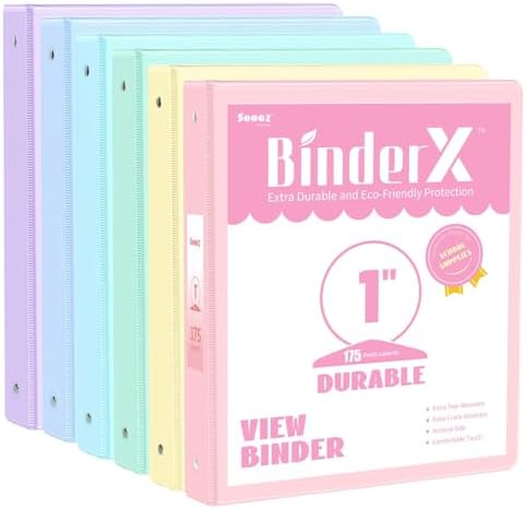 6 Pack Extra Durable 3 Ring Binders 1 inch, Sooez 1” Three Round Ring Binders with Pockets, Cute Customizable Clear View Cover for 8.5 x 11” Letter Size Papers, Pastel School Office Supplies for Girl 6 Pack Extra Durable 3 Ring Binders 1 inch, Sooez 1” Three Round Ring Binders with Pockets, Cute Customizable Clear View Cover for 8.5 x 11” Letter Size Papers, Pastel School Office Supplies for Girl