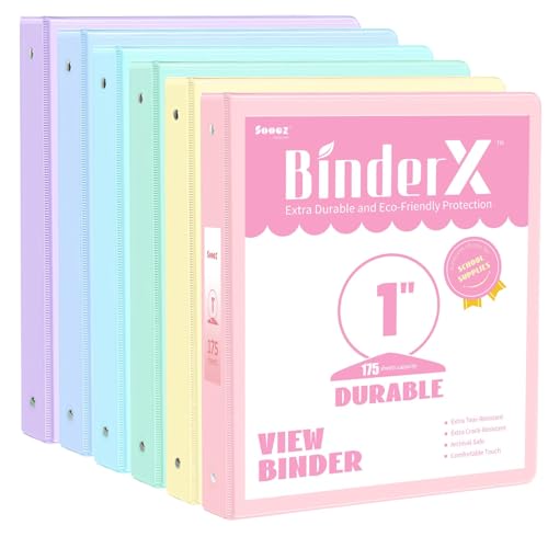 6 Pack Extra Durable 3 Ring Binders 1 inch Sooez 1 Three Round Ring Binders with Pockets Cute Customizable Clear View Cover for 8.5 x 11 Letter Size Papers Pastels School Office Supplies for Girl