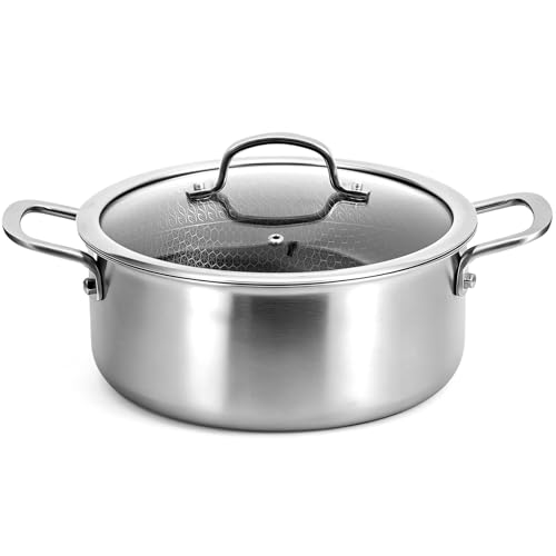 Boryenty 4.6 Qt Stainless Steel Stock Pot with Glass Lid, 9.4 Inch 3-Ply 18/10 Induction Soup Pot, HHoneycomb Etched Cooking Pot for Pasta, Stews, Broths, Gas, Electric & Ceramic Cooktops