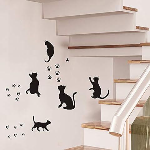 5 Cats Footprint Wall Decals Stickers Removable Funny Bird Art Vinyl Door Decal Sticker Decor for Family Home Bedroom Living Room Decorations Black Cover