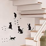 Tamaño: 58 x 38 cm Calcomanías de pared para 5 gatos con huella de huella de pájaro, removibles, divertidas, decoración de vinilo para puerta, decoración de hogar, dormitorio, sala de estar, color negro