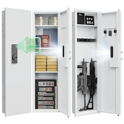 Pacriond 53.15" Wall Safe Between the Studs, Hidden Wall Safe with Dual Alarm & Mute Function, In Wall Safe with Removable Shelves and Magnetic Slot, Fingerprint-White
