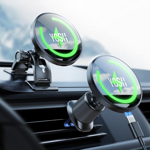 【2Way取付】YOSH magsafe充電器 車載 15W急速充電 アップグレード：ダブル金属製フック＆二ピースベース エアコン吹き出し口&ダッシュボード兼用 超強力な磁石搭載 スマホホルダー 車 ワイヤレス充電 高強度亜鉛合金製 耐高温3Mテープ マグネット スマホホルダー エアコン マグセーフ対応 iPhone17 Pro Max/16/15/14/13/12 & 全機種対応