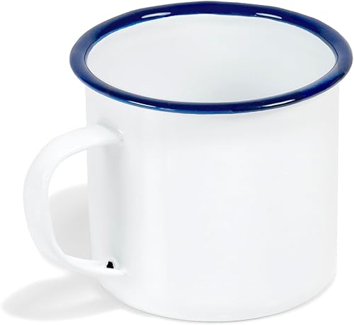 Miniatura 6 de Red Co. Juego de 6 tazas redondas de café y té de metal esmaltado de 12 onzas con asa, borde blanco sólido y azul marino