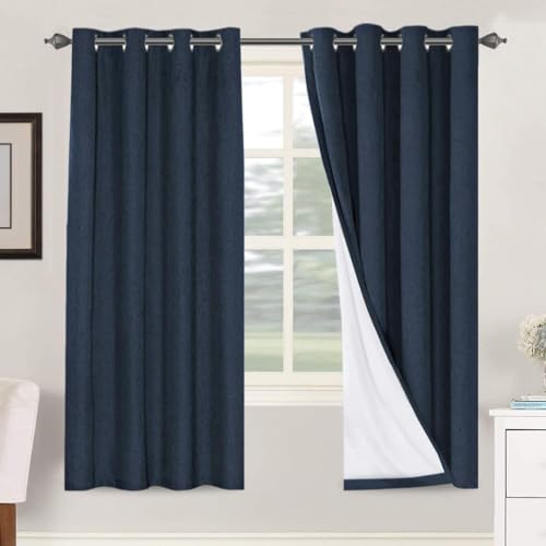 H.VERSAILTEX 100% Blackout Linen Curtains 72" L 2 Panels Navy