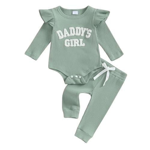 Image of FYBITBO Daddys Girls Baby Clothes Newborn Infant Ribbed Romper Ruffle Long Sleeve Onesie Pants Coming Home Outfits Clothing Sets (Daddys Girl-Green, 0-3 Months)