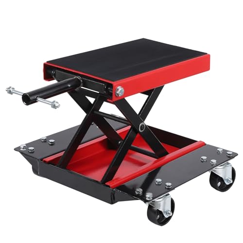Motorcycle Lift with Casters, 1100 lb Motorcycle Steel Scissor Lift Jack with Wide Deck, Safety Pins, Center Lift Crank Bracket, Thickened Rubber Pads for Motorcycles, ATVs, Touring Cruisers