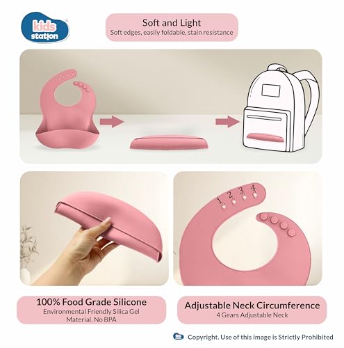 Image of Kids Station 8-Piece Silicone Baby Feeding Set | Suction Bowl, Plate, Bib, Cup, Spoon & Fork | 100% Food Grade BPA-Free Silicone | Non-Slip, Easy to Clean (Pack of 8, Dark Pink)