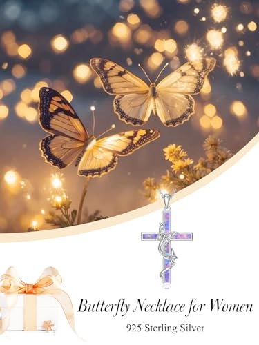 WINNICACA Cross Necklace for Women 925 Sterling Silver Butterfly Pendant Necklace Blue/White/Purple/Pink Opal Jewelry Gifts for Women Her Wife Girlfriend Birthday Mothers Day Gifts2