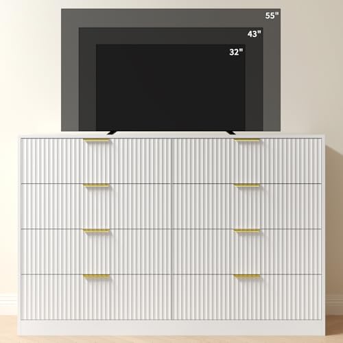 Image of White Fluted Dresser Bedroom with 8 Drawer,55 inch Wide White Double Drawer Dresser Modern Chest of Drawers with Gold Handles,Wood TV Stand for Bedroom,Living Room