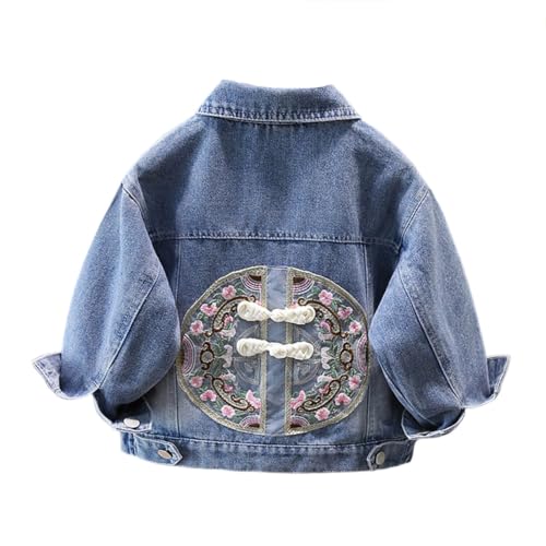 Image of Slxbear Blue Girls' Denim Jacket Kids Cropped Stretchy Long Sleeve Jean Coat Embroidered Button Down Lapel Collar Plain Casual Jackets Comfortable Breathable Outdoor Travel School Jacket 7-8 Years