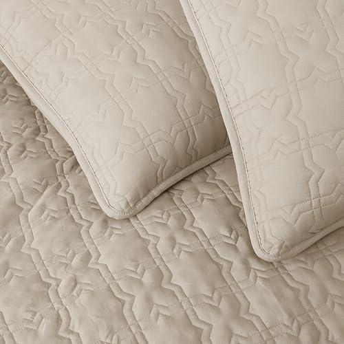 Beige Queen Size Quilt Bedding Sets with Pillow Sham, Summer Lightweight Soft Bedspread Coverlet, Netural Farmhouse Country Textured Quilted Blanket Thin Comforter Bed Cover , 3 Pieces, 90x90 inches